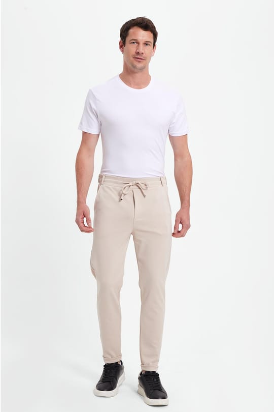 Erkek Slim Fit Pamuklu Beli Bağlamalı Yan Cepli Katlamalı Paça Jogger Bej Pantolon