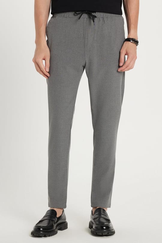 Erkek Slim Fit Dar Kesim Pamuklu Lastikli Beli Bağcıklı Koyu Gri Pantolon
