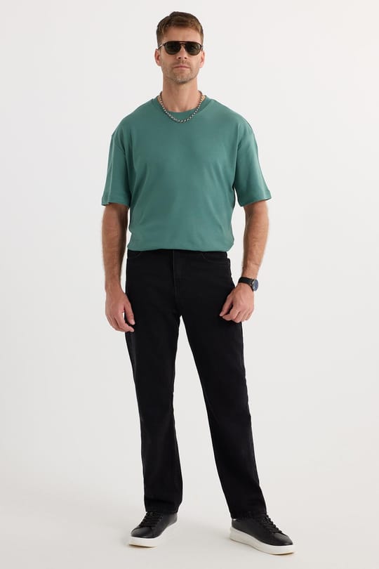 Erkek Regular Fit %100 Pamuk Yan Cepli Baggy Siyah Jean Kot Pantolon
