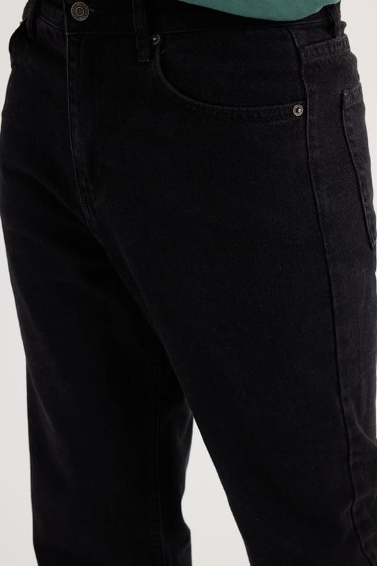 Erkek Regular Fit %100 Pamuk Yan Cepli Baggy Siyah Jean Kot Pantolon