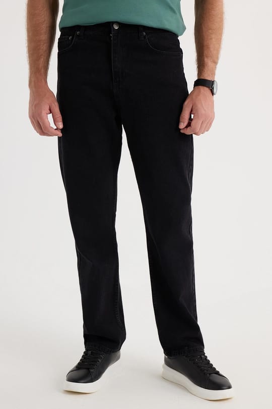 Erkek Regular Fit %100 Pamuk Yan Cepli Baggy Siyah Jean Kot Pantolon