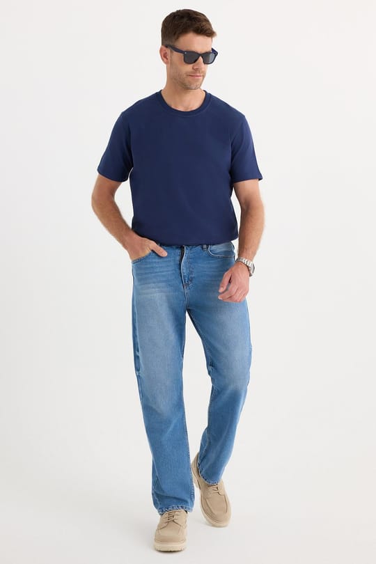 Erkek Regular Fit %100 Pamuk Yan Cepli Baggy Mavi Jean Kot Pantolon