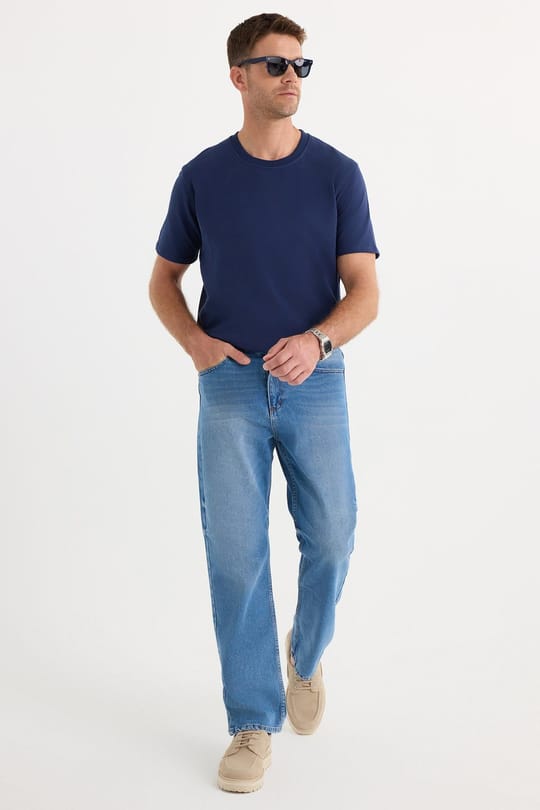 Erkek Regular Fit %100 Pamuk Yan Cepli Baggy Mavi Jean Kot Pantolon