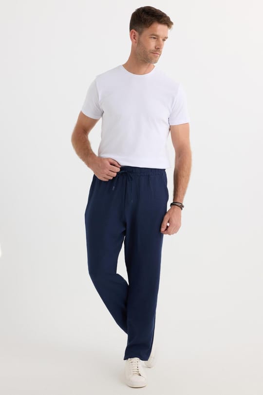 Erkek Standart Fit Normal Kesim Beli Bağcıklı Geniş Paça Lacivert Pantolon