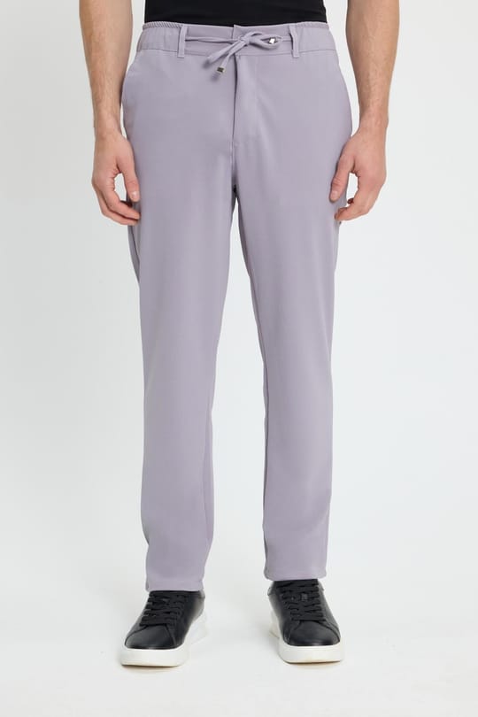 Erkek Slim Fit Dar Kesim Beli Lastikli Bağcık Detaylı Gri Pantolon
