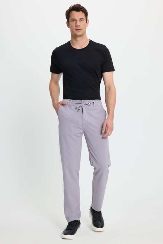 Erkek Slim Fit Dar Kesim Beli Lastikli Bağcık Detaylı Gri Pantolon