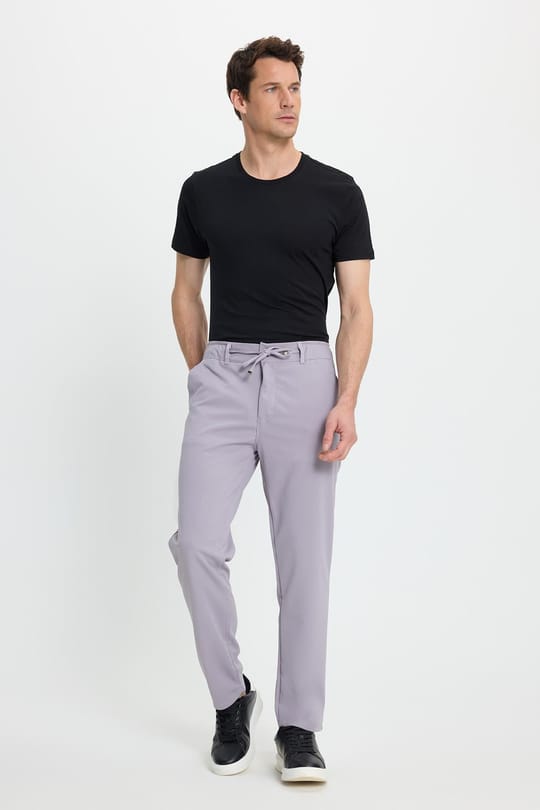 Erkek Slim Fit Dar Kesim Beli Lastikli Bağcık Detaylı Gri Pantolon