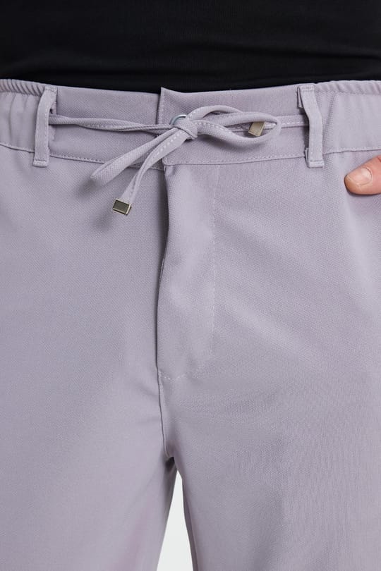 Erkek Slim Fit Dar Kesim Beli Lastikli Bağcık Detaylı Gri Pantolon