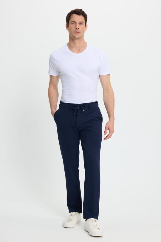 Erkek Slim Fit Dar Kesim Beli Lastikli Bağcık Detaylı Lacivert Pantolon