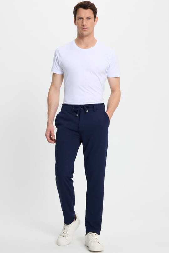 Erkek Slim Fit Dar Kesim Beli Lastikli Bağcık Detaylı Lacivert Pantolon
