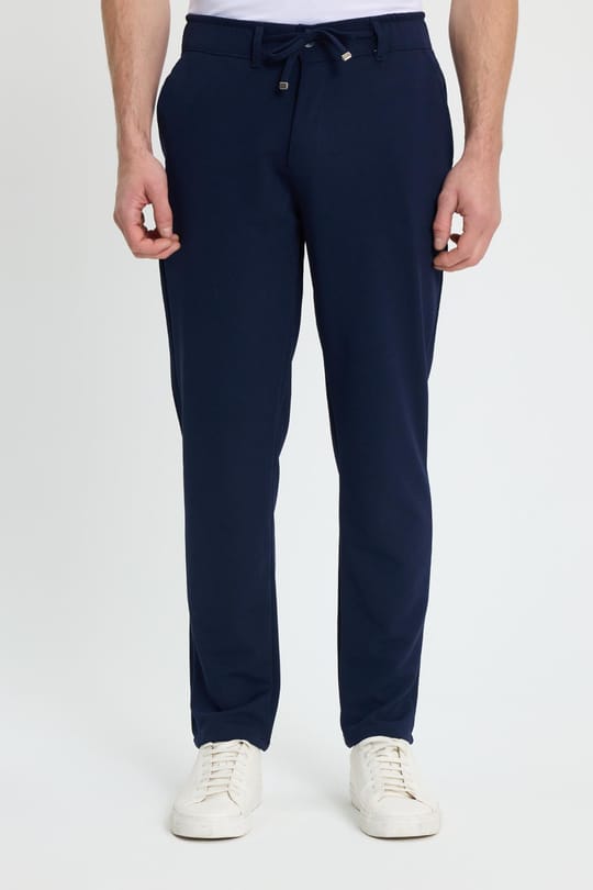 Erkek Slim Fit Dar Kesim Beli Lastikli Bağcık Detaylı Lacivert Pantolon