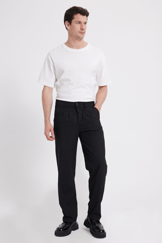 Erkek Regular Fit Klasik Kesim Normal Bel Geniş Paça Siyah Pantolon