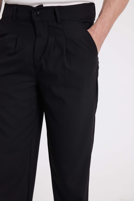 Erkek Regular Fit Klasik Kesim Normal Bel Geniş Paça Siyah Pantolon