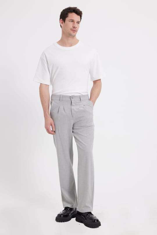 Erkek Regular Fit Klasik Kesim Normal Bel Geniş Paça Gri Pantolon