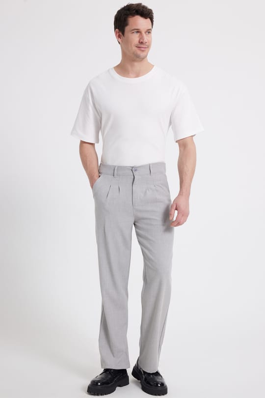 Erkek Regular Fit Klasik Kesim Normal Bel Geniş Paça Gri Pantolon
