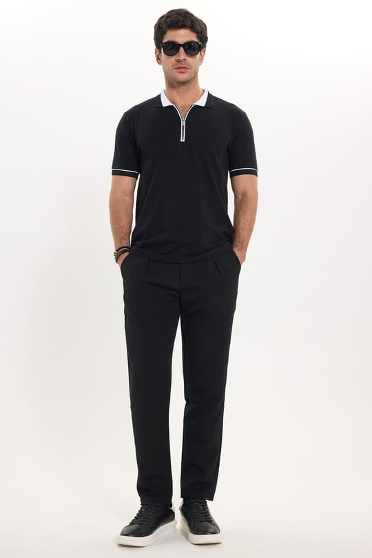 Erkek Slim Fit Dar Kesim Lastikli Bel Bağcık Detaylı Pileli Siyah Pantolon