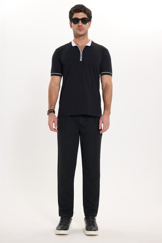 Erkek Slim Fit Dar Kesim Lastikli Bel Bağcık Detaylı Pileli Siyah Pantolon
