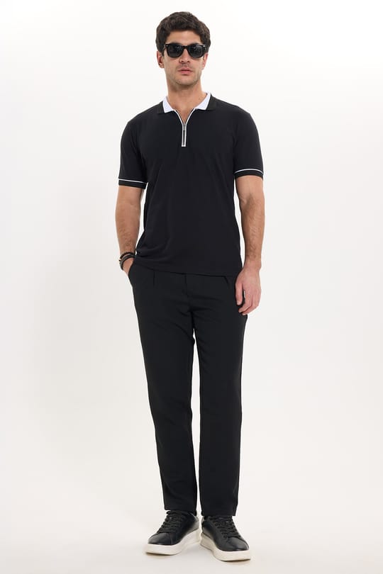 Erkek Slim Fit Dar Kesim Lastikli Bel Bağcık Detaylı Pileli Siyah Pantolon