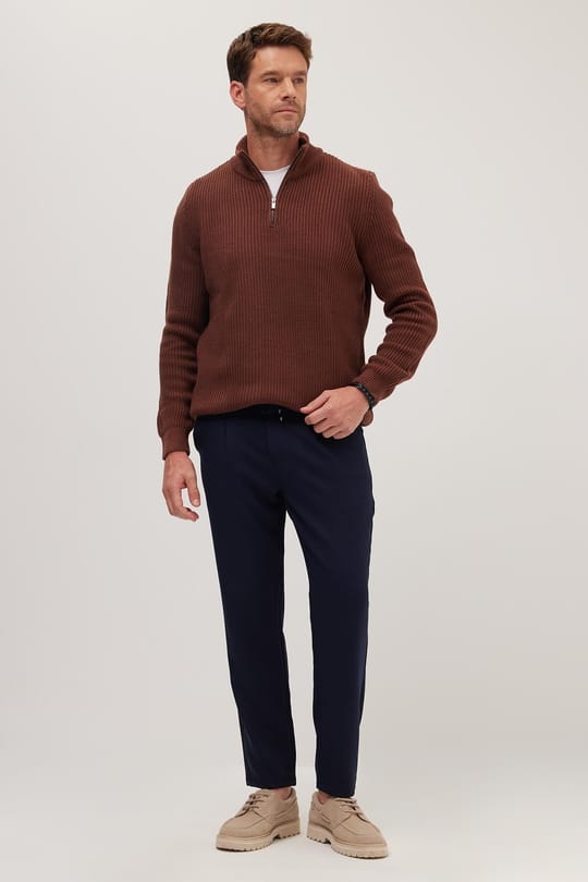 Erkek Slim Fit Dar Kesim Lastikli Bel Bağcık Detaylı Pileli Lacivert Pantolon