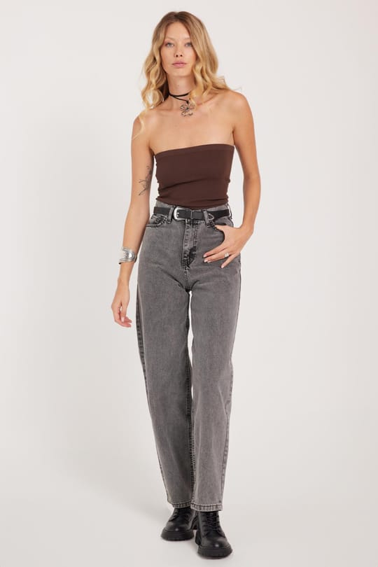 Kadın Regular Fit Klasik Kesim Baggy Pamuklu Geniş Paça Antrasit Jean Pantolon