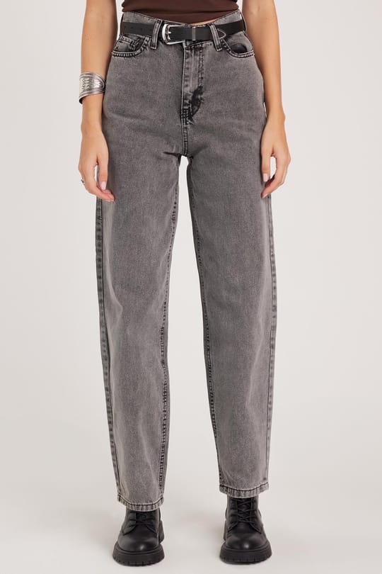 Kadın Regular Fit Klasik Kesim Baggy Pamuklu Geniş Paça Antrasit Jean Pantolon