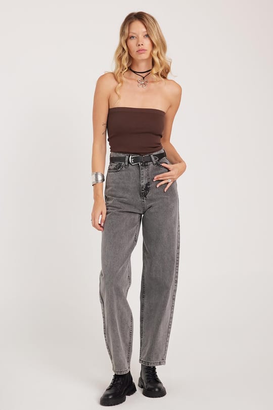 Kadın Regular Fit Klasik Kesim Baggy Pamuklu Geniş Paça Antrasit Jean Pantolon