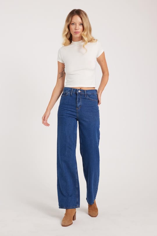 Kadın Regular Fit Klasik Kesim Pamuklu Bol Paça Koyu Mavi Jean Pantolon