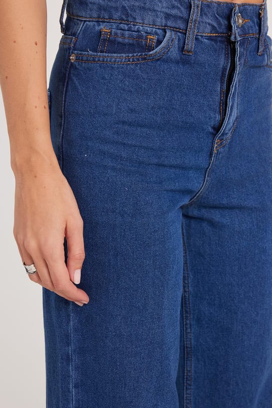 Kadın Regular Fit Klasik Kesim Pamuklu Bol Paça Koyu Mavi Jean Pantolon