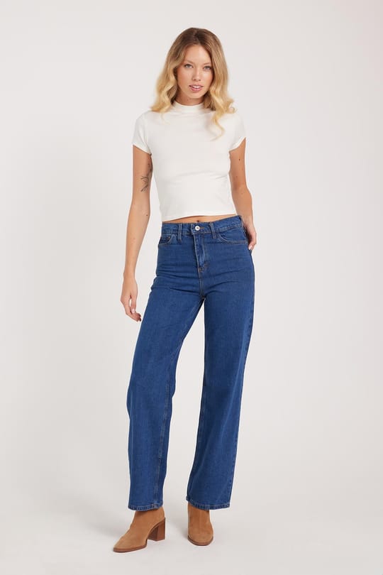 Kadın Regular Fit Klasik Kesim Pamuklu Bol Paça Koyu Mavi Jean Pantolon