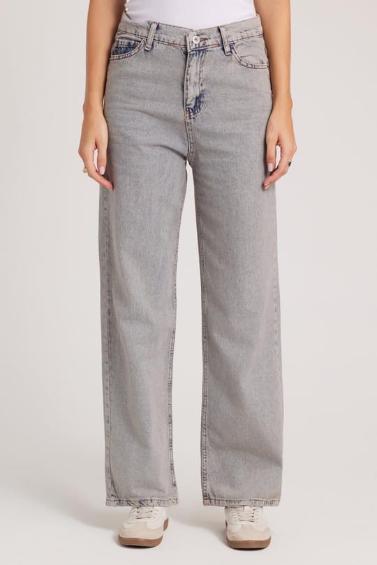 Kadın Regular Fit Klasik Kesim Pamuklu Bol Paça Koyu Açık Gri Jean Pantolon