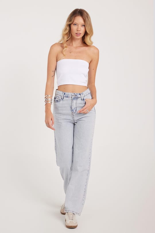 Kadın Regular Fit Klasik Kesim Pamuklu Bol Paça Açık Mavi Jean Pantolon