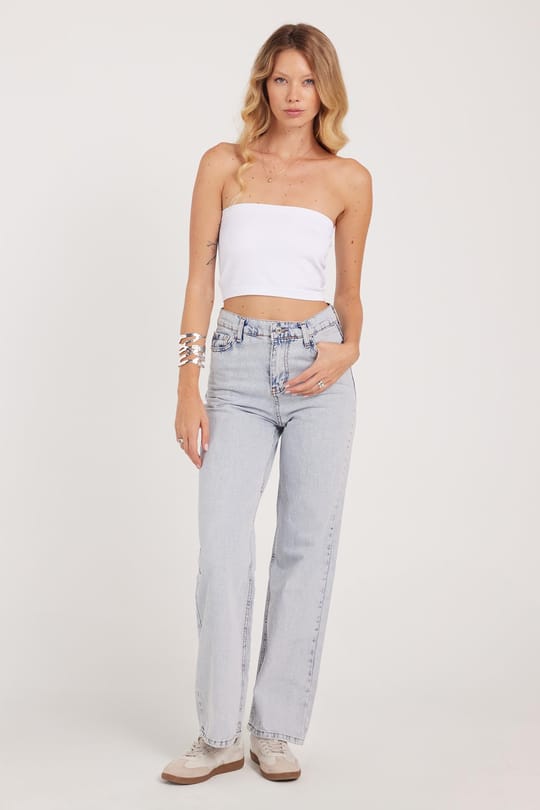 Kadın Regular Fit Klasik Kesim Pamuklu Bol Paça Açık Mavi Jean Pantolon