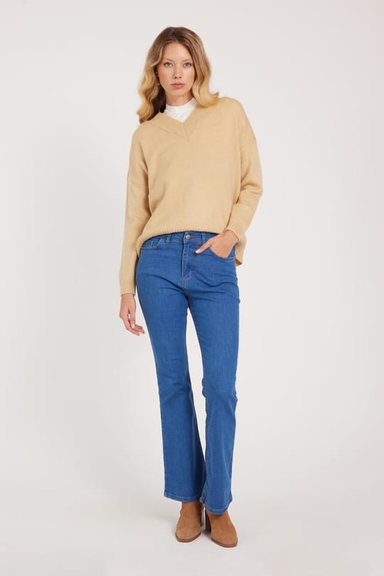 Kadın Regular Fit Klasik Kesim Pamuklu İspanyol Paça Mavi Jean Kot Pantolon