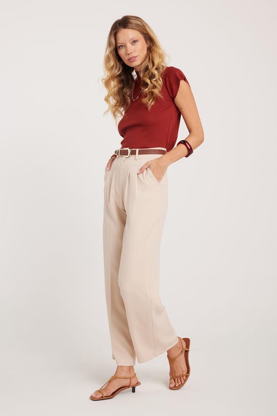 Kadın Regular Fit Klasik Kesim Yüksel Bel Geniş Paça Bej Pantolon