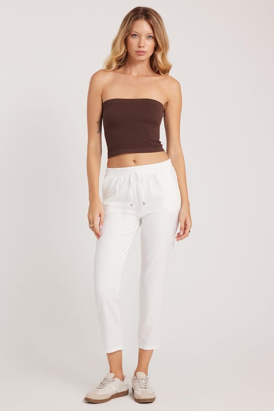 Kadın Relax Fit Rahat Kesim Yüksel Bel Dar Paça Beli Lastikli Bağcıklı Beyaz Pantolon