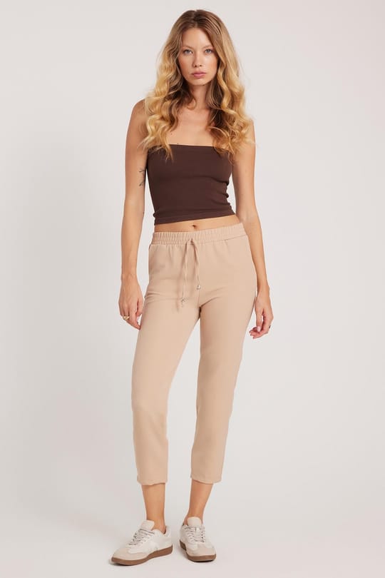 Kadın Relax Fit Rahat Kesim Yüksel Bel Dar Paça Beli Lastikli Bağcıklı Açık Bej Pantolon