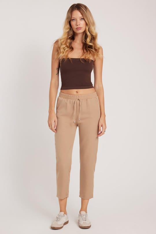 Kadın Relax Fit Rahat Kesim Yüksel Bel Dar Paça Beli Lastikli Bağcıklı Bej Pantolon