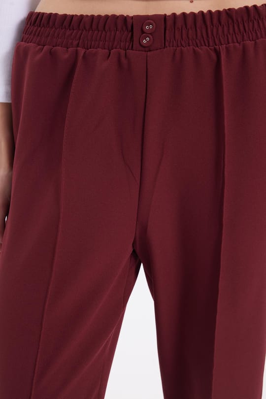 Kadın Relax Fit Rahat Kesim Yüksel Bel Düz Paça Beli Lastikli Bordo Pantolon