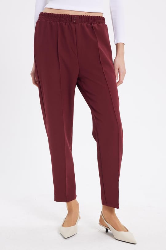 Kadın Relax Fit Rahat Kesim Yüksel Bel Düz Paça Beli Lastikli Bordo Pantolon