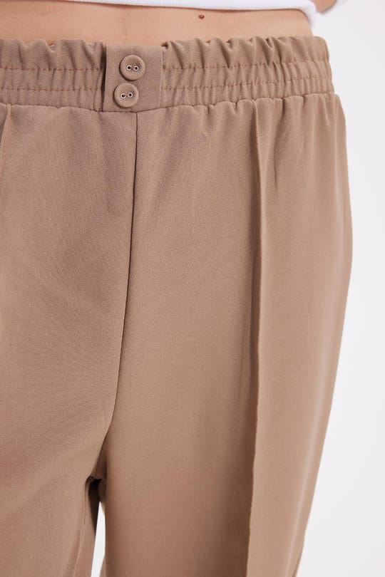 Kadın Relax Fit Rahat Kesim Yüksel Bel Düz Paça Beli Lastikli Vizon Pantolon