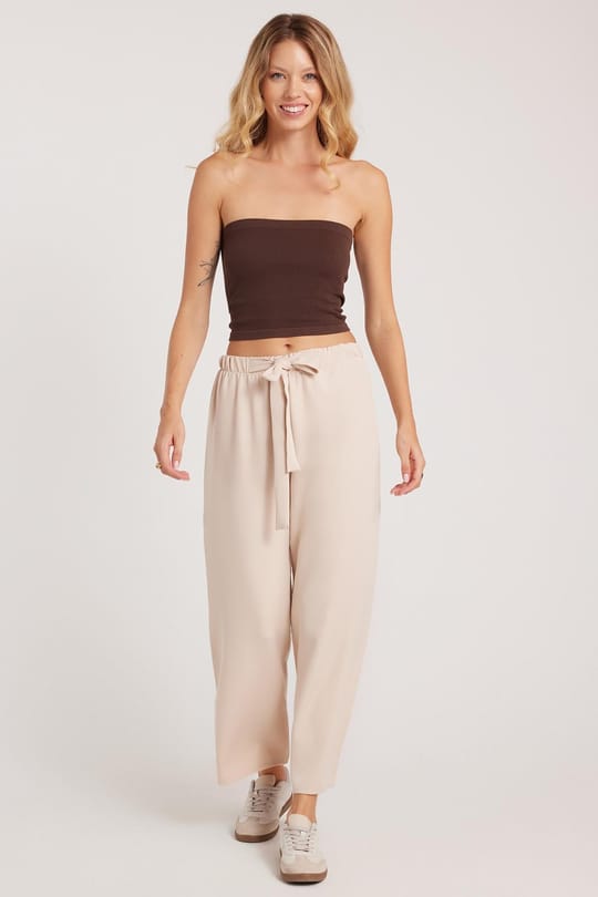 Kadın Relax Fit Rahat Kesim Lastikli Kuşak Bağlamalı Geniş Paça Açık Bej Pantolon
