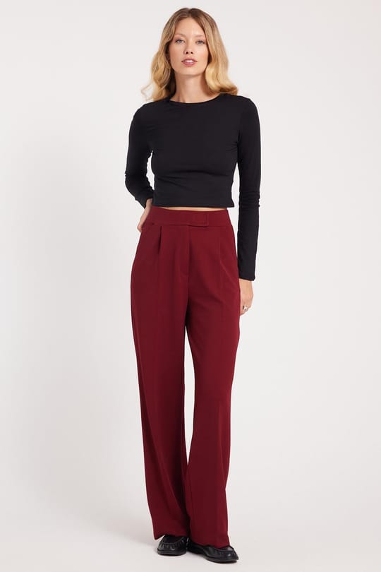 Kadın Regular Fit Klasik Kesim Cırt Kapamalı Geniş Paça Bordo Pantolon
