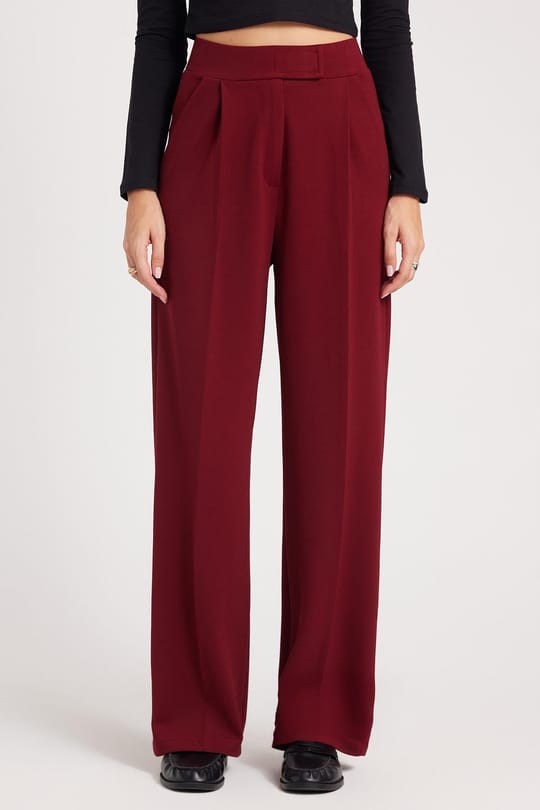 Kadın Regular Fit Klasik Kesim Cırt Kapamalı Geniş Paça Bordo Pantolon