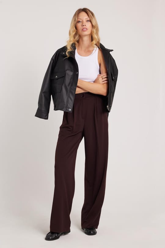 Kadın Regular Fit Klasik Kesim Yüksel Bel Geniş Paça Kahverengi Pantolon