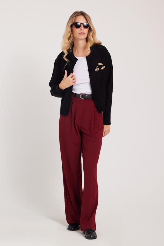 Kadın Regular Fit Klasik Kesim Yüksel Bel Geniş Paça Bordo Pantolon