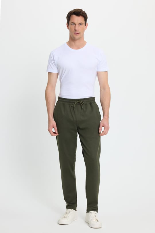 Erkek Regular Fit Klasik Kesim Beli Lastikli Bağcıklı Koyu Haki Jogger Pantolon