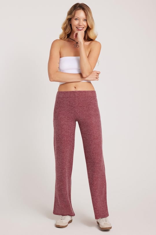 Kadın Relax Fit Rahat Kesim Normal Bel Geniş Paça Bordo Pantolon