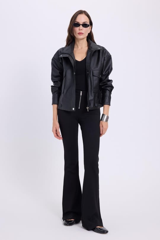 Kadın Slim Fit Dar Kesim Geniş Paça Fermuarlı Siyah Pantolon