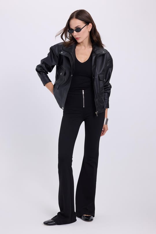 Kadın Slim Fit Dar Kesim Geniş Paça Fermuarlı Siyah Pantolon