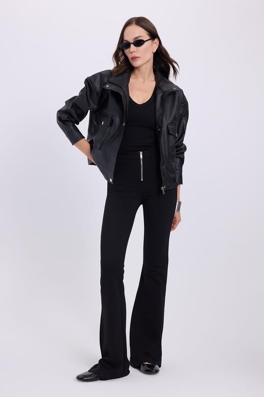 Kadın Slim Fit Dar Kesim Geniş Paça Fermuarlı Siyah Pantolon